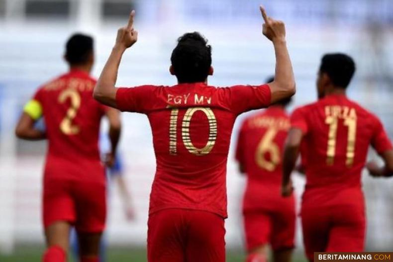 Pemain Timnas Indonesia Egy Maulana melakukan selebrasi usai mencatak gol ke gawang Brunai di ajang SEA Games 2019 Filipina. Ist
