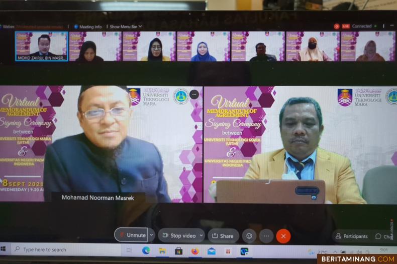 Dekan FBS Universitas Negeri Padang dan Dekan FPM Universiti Teknologi Mara Malaysia Lakukan Penandatanganan Naskah Kerja Sama secara virtual pada Rabu (8/9) pagi ini.