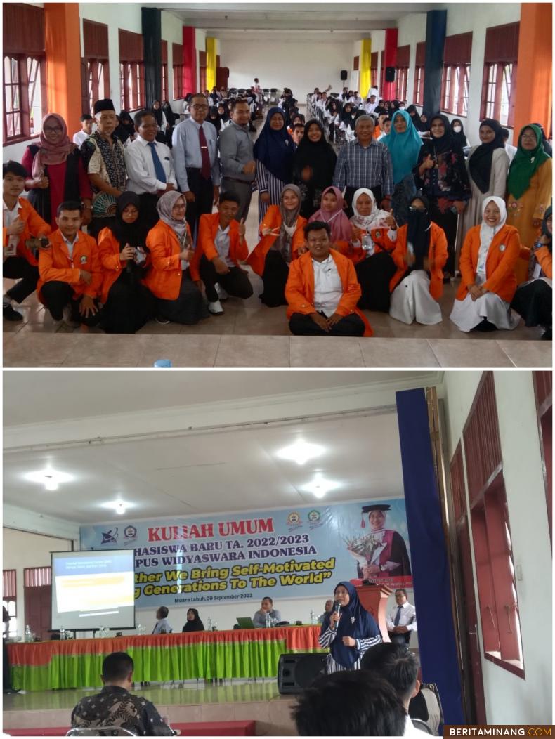 Mahasiwa Baru Tahun Akademik 2022/2023 mengikut Kuliah Umum yang dibuka Ketua Yayasan Eva Suryani, dan menghadirkan Narsum dari Time Language Centre (TLC) Padang, Desmaizayatri, Jumat (9/9/2022). Foto Afrizal Amir