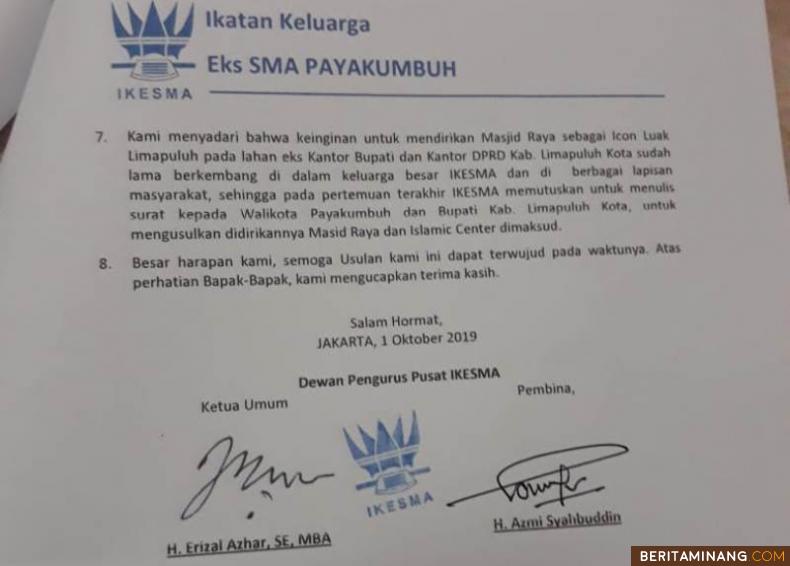 Surat DPP IKESMA untuk Bupati Limapuluh Kota dan Walikota Payakumbuh. Ist