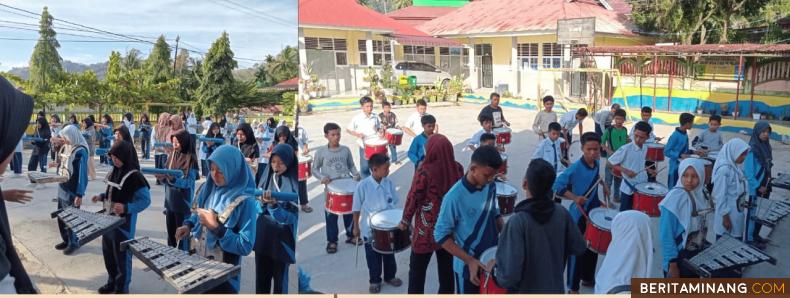 Kegiatan latihan drumband di MTs Negeri 3 Solsel menjadi salah satu kegiatan ekstrakurikuler murid di Madrasah tersebut. Foto Humas MTs Negeri3 Solsel.