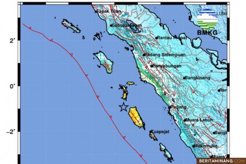 Peta lokasi gempa magnitudo 7,3 yang berpusat di 177 kilometer barat laut Kepulauan Mentawai, Sumatera Barat, pada Selasa (25/4/2023) 03.00 WIB.(BMKG)