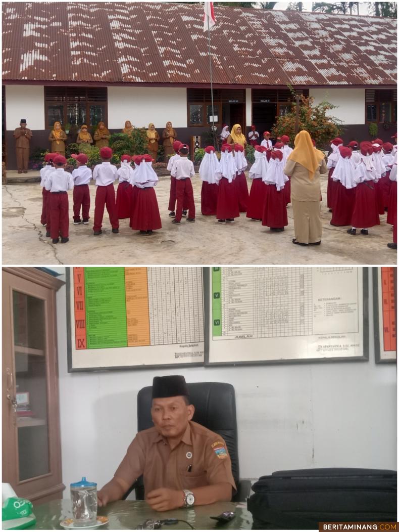 Aktifitas upacara di sekolah pada Senin pagi serta Kepala SDN 13 Bangko, Desri Hendra, S. Pd. M.M.Pd. foto Afrizal Amir