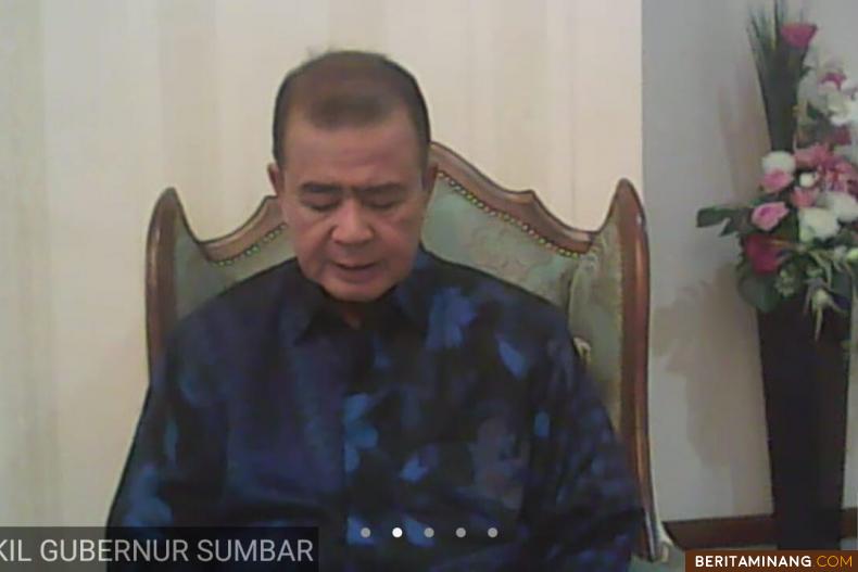 Wakil Gubernur Sumbar Nasrul Abit dalam jumpa pers online via aplikasi daring yang dilaksanakan IJTI Sumbar, Selasa malam (14/4/2020).