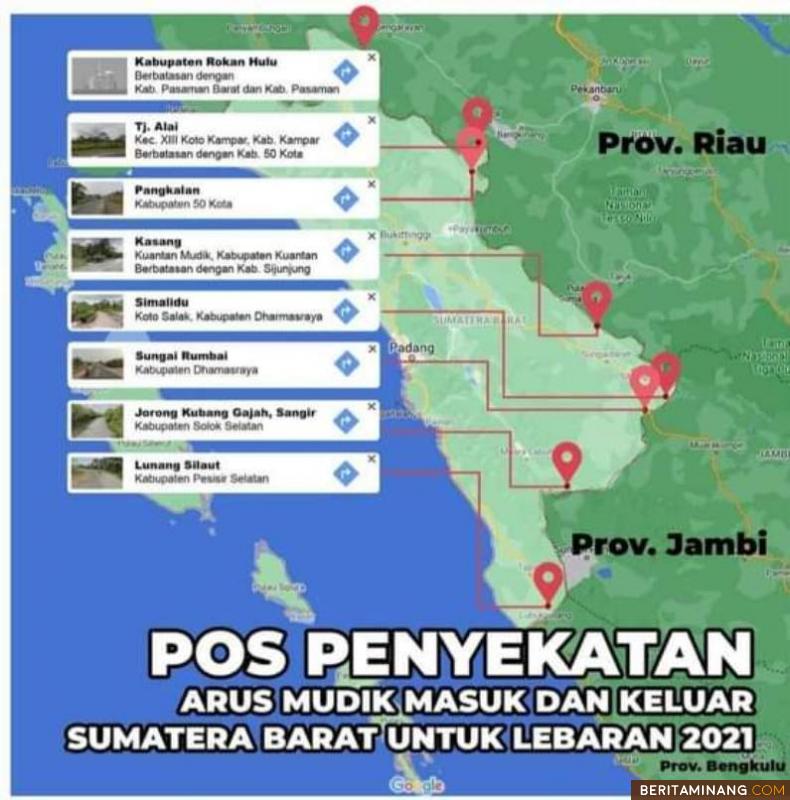 PADANG - Mulai pukul 00.00 Kamis, 6 Mei 2025 pos penyekatan di batas Provinsi Sumbar dengan provinsi tetangga (Riau, Sumut, Jambi dan Bengkulu) ini mulai beroperasi. Pos ini untuk mengantisipasi para pemudik dan mendukung larangan mudik lebaran tahun ini. Inilah 8 lokasi pos itu. (Ist)